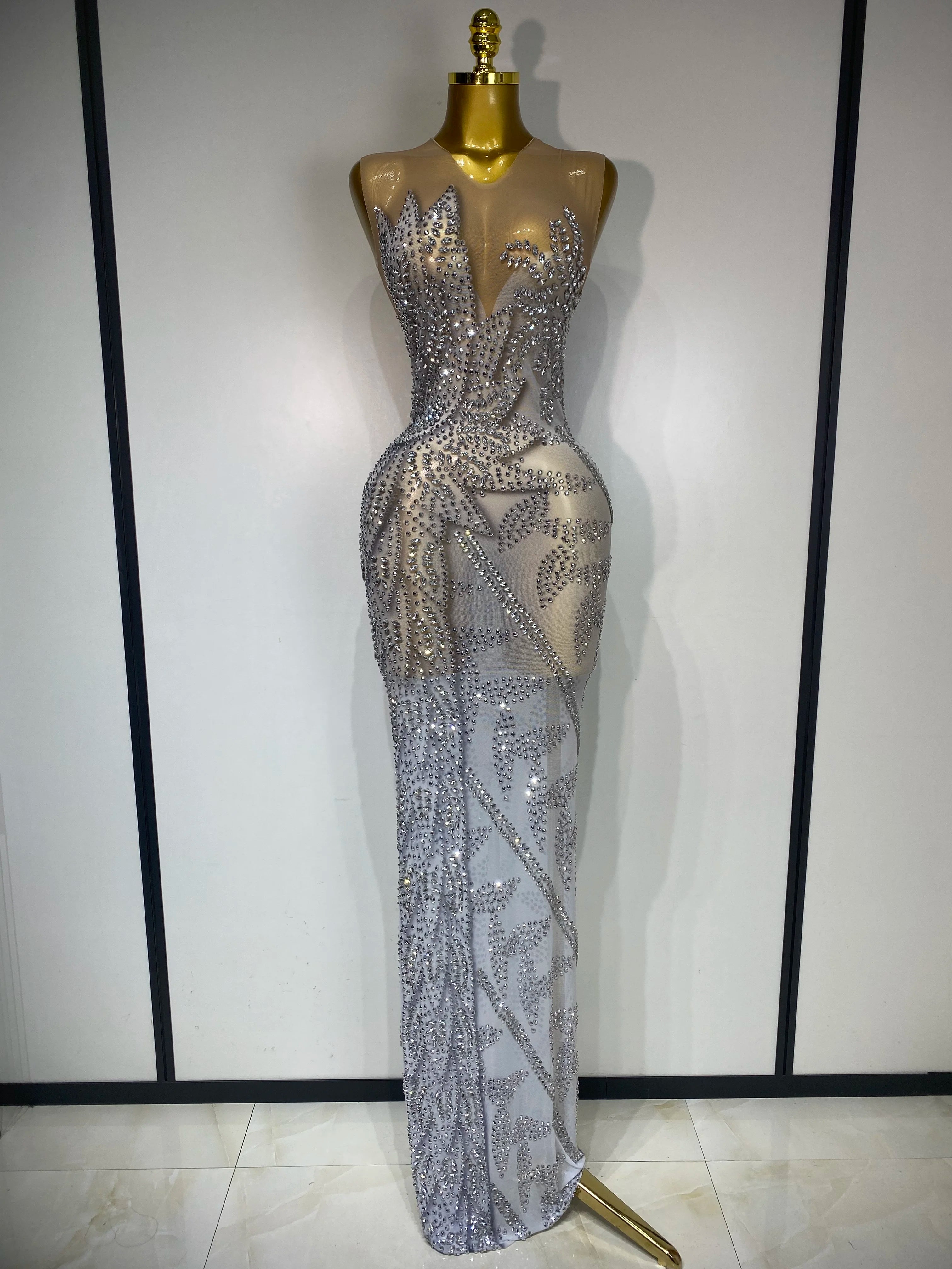 Luxury Rhinestone Sleeveless Silver Long Dress Women Sexy Mesh See Through Evening Prom Birthday Photo Shoot Singer Stage Outfit Silver