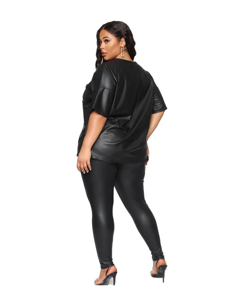 Women Summer Clothes Leather Outfit 2 Piece Set Short Sleeve Blouse Top and Stretchy Leggings Ladies Plus Size Pu Suits in Black