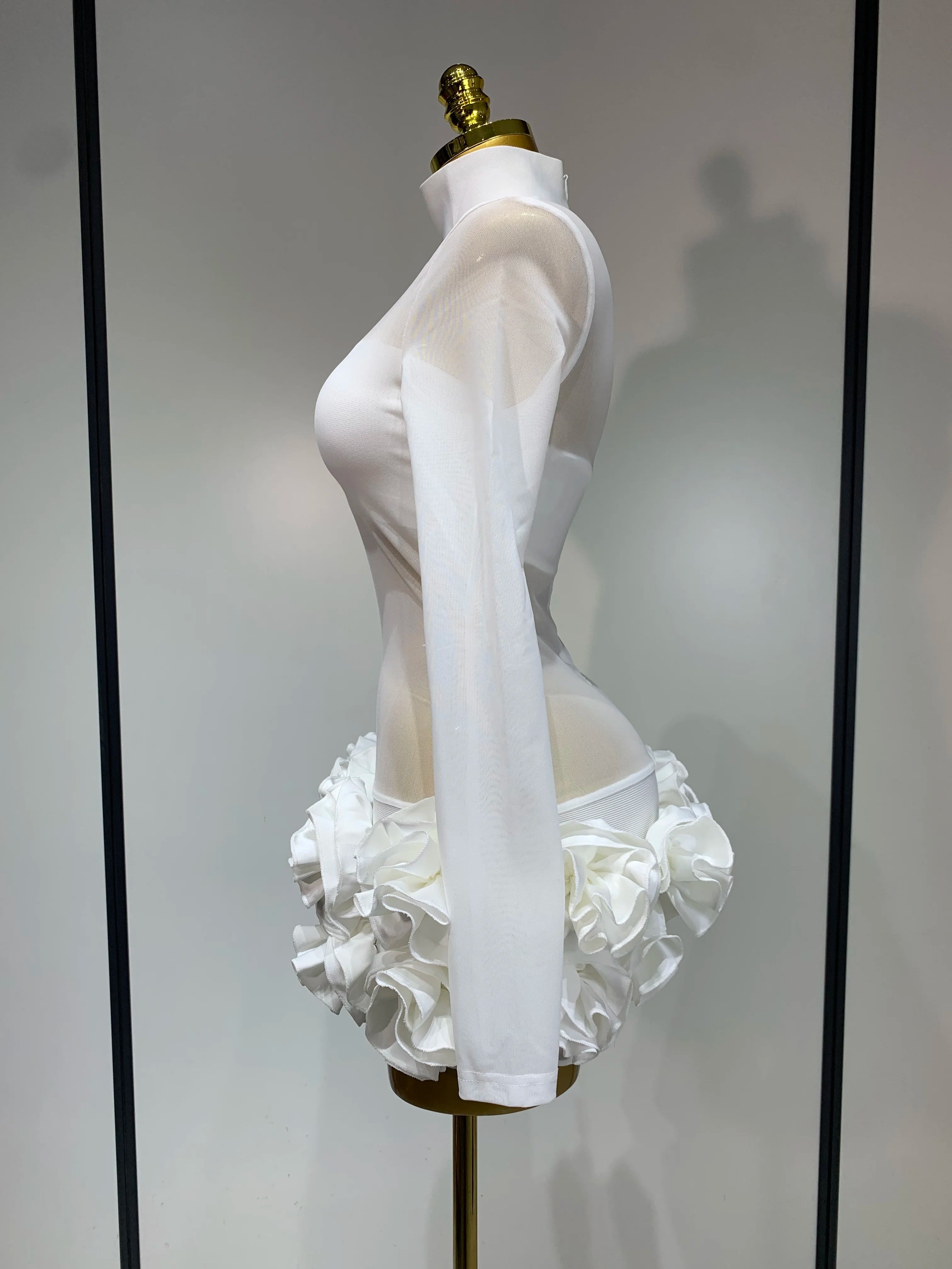 Women Sexy Mesh See through Stereoscopic Flowers White Red Mini Bandage Dress Birthday Evening Party Club Singer Perform Costume