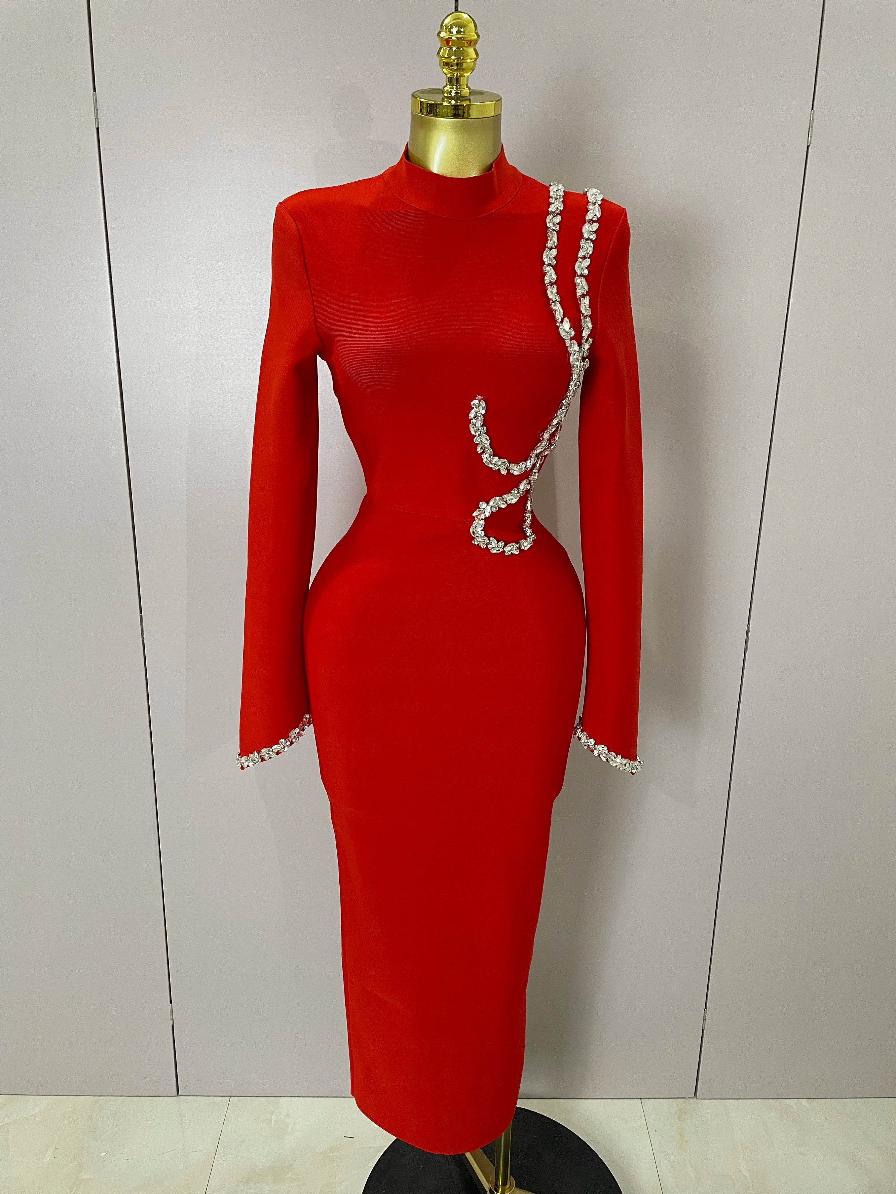 Sexy Long Sleeve Diamonds Maxi Long Bodycon Bandage Dress 2025 Women Celebrity Elegant Evening Party Luxury Birthday Dresses Red