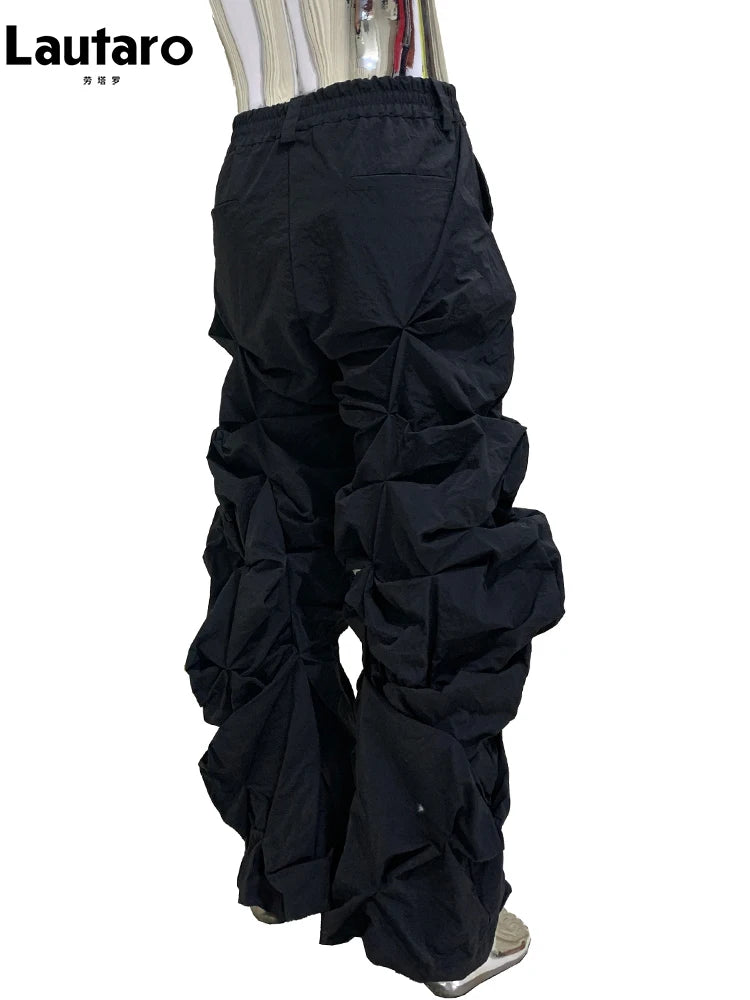 Lautaro Autumn Long Black Waterproof Stacked Pants for Mens with High Elastic Waist Luxury Designer European Fashion Clothing