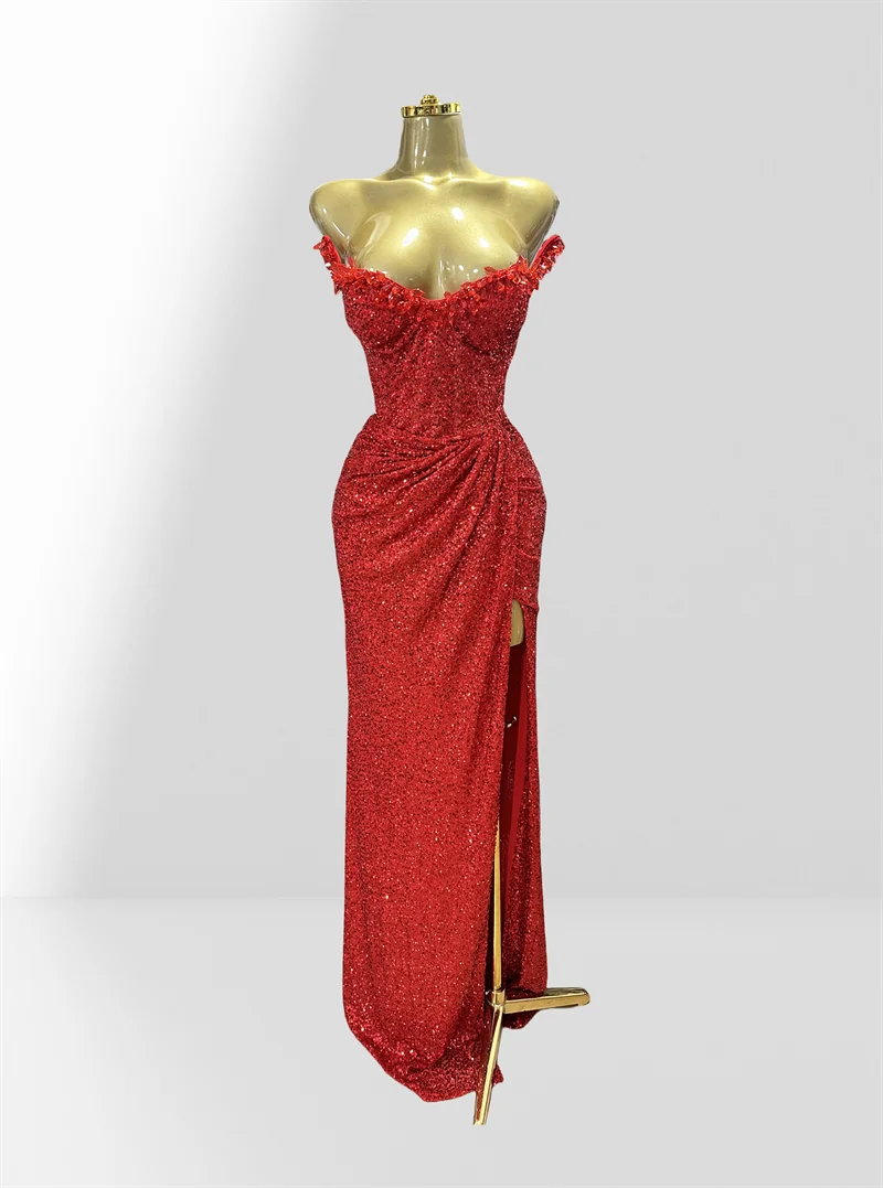 Haute Couture Red Sequins Sexy Off The Shoulder High Split Ankle Lenght Dress Woman Birthday Party Dress Celebrity Patry Outfit Red