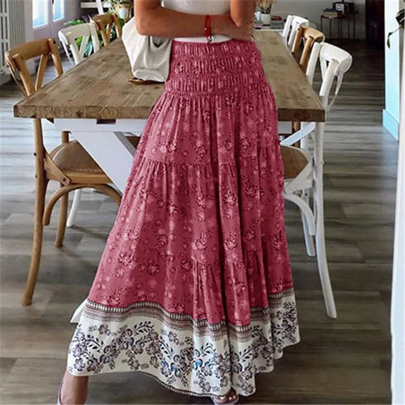 Sweet Style Casual Floral Print Skirts Vestido Summer Women Elastic High Waist Maxi Long Skirts Boho Ladies Holiday Beach Skirts Red