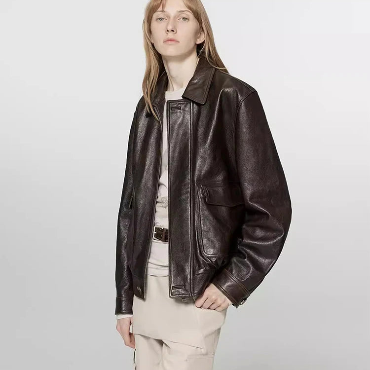 Lautaro Spring Autumn Short Distressed Brown Pu Leather Jacket Women Zipper Pockets Luxury Designer American Retro Clothes 2025