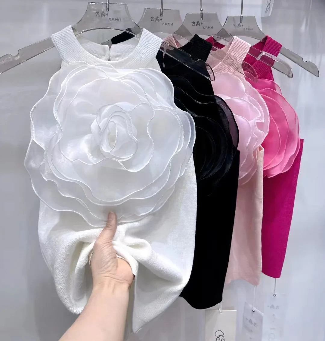 Summer Knitwear Sexy Crop Tank Top Femme Black White 3D Flower Sexy Sleeveless Knitted Top Slim Fit Halter Vest WHITE One Size