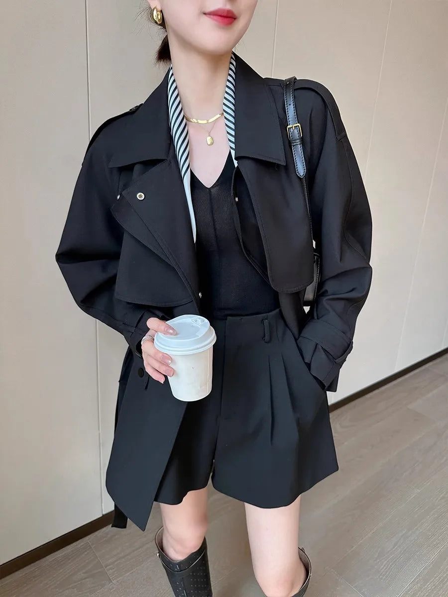 Lautaro Spring Autumn Black Trench Coat for Women Belt Double Breasted Elegant Stylish Chic Luxury Designer Clothes Fashion 2025