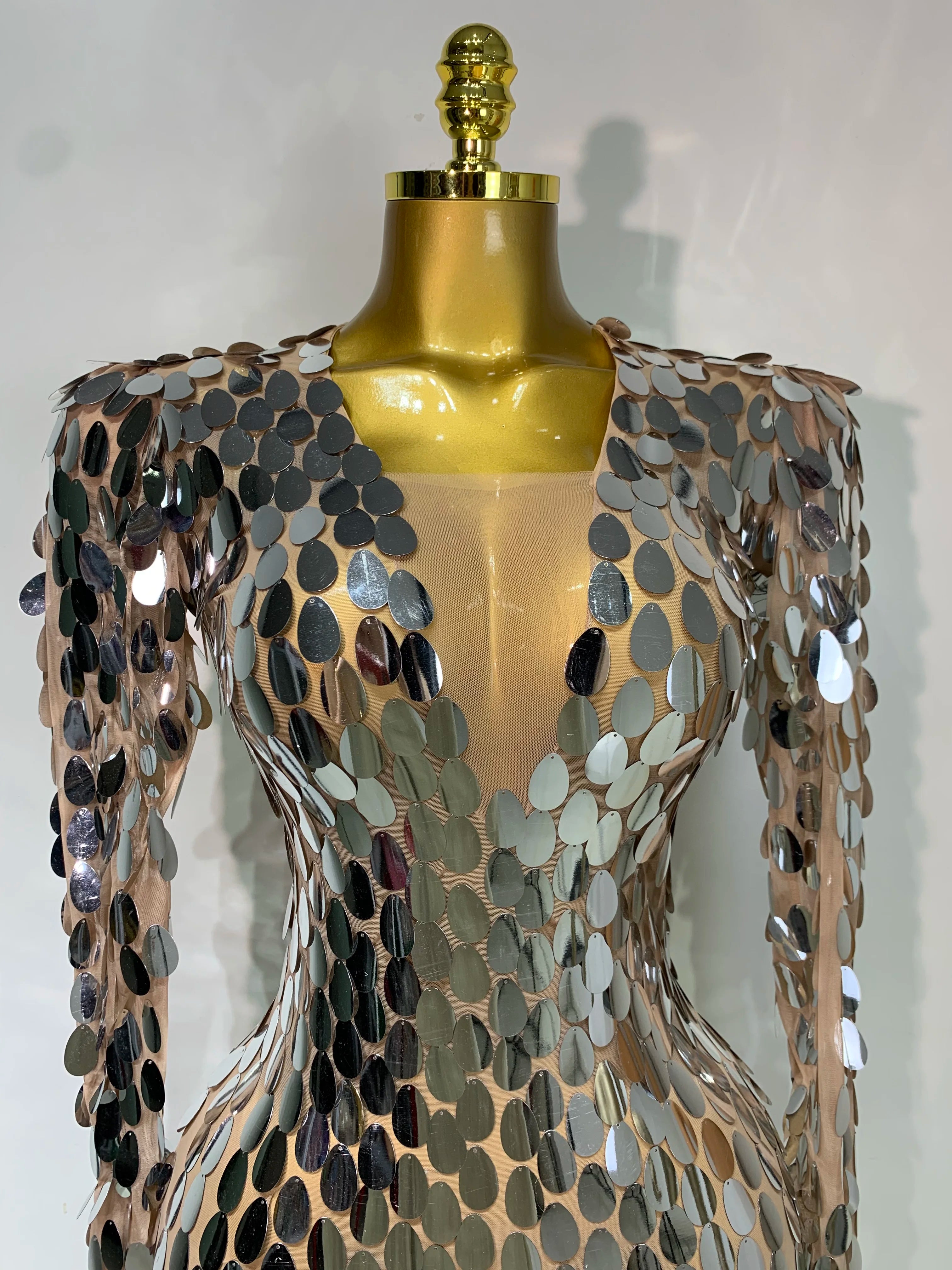 Women Sexy Mesh Stretch Sparkly Sequins Stage Performance Costume Dancer Singer Nightclub Evening Party Luxury Birthday Dress