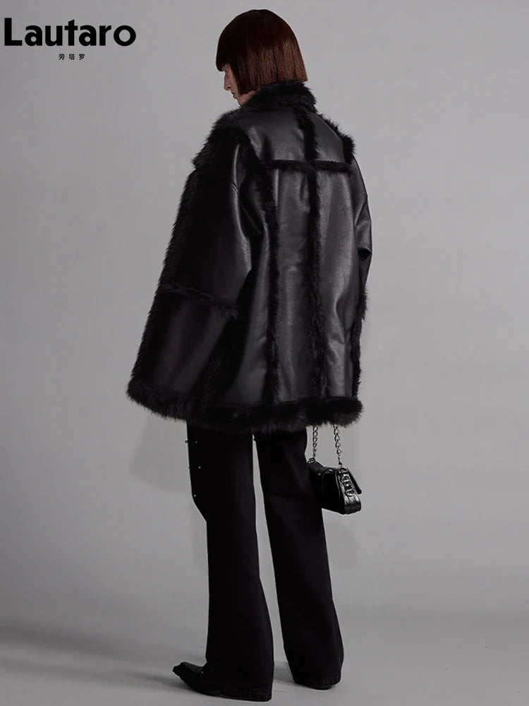 Autumn Winter Cool Loose Black Thick Warm Soft Hairy Faux Sheepskin Coat Women Luxury Designer Clothes Fluffy Jacket