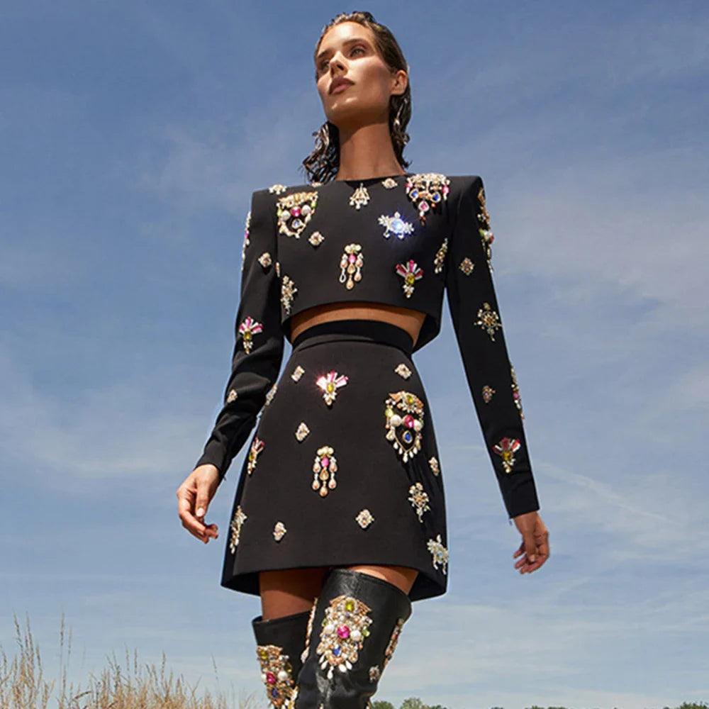 Ailigou 2023 New Autumn Women's Fashion Sexy Luxury Colorful Diamond Bead Short Top+Dress Black Two Piece Set Black