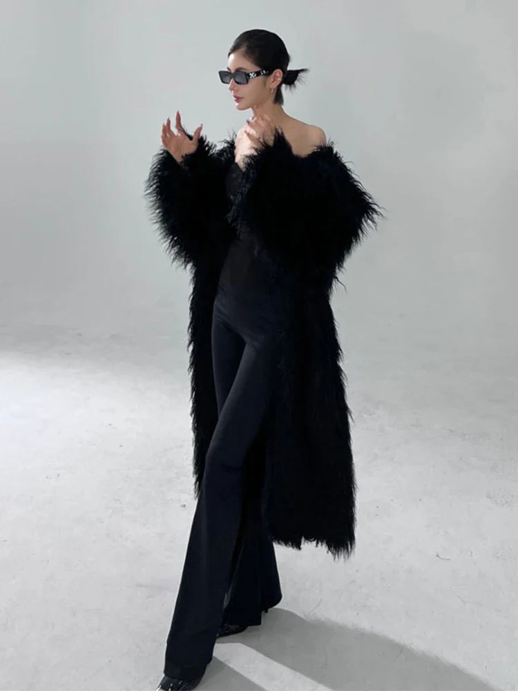 Winter Long Black Hairy Shaggy Thick Warm Soft Fluffy Faux Fur Coat Women Sashes Luxury Designer Overcoat Runway Fashion