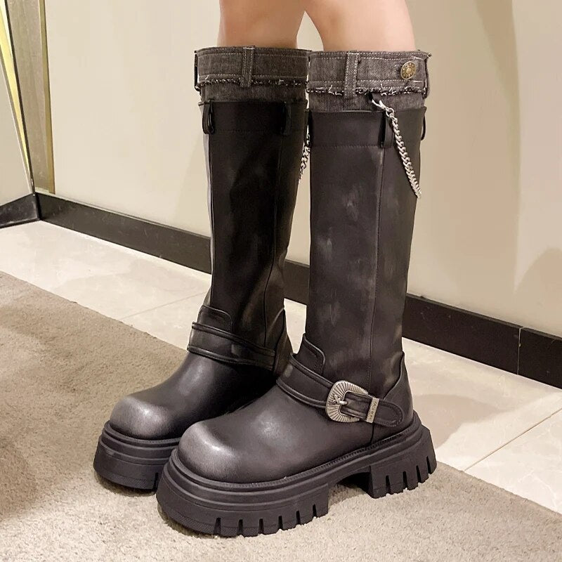 Platform Women Chain Shoes Flats Trend Chelsea Boots Brand Winter 2024 New Gladiator Motocycle Boots Punk Knee High Mujer Botas