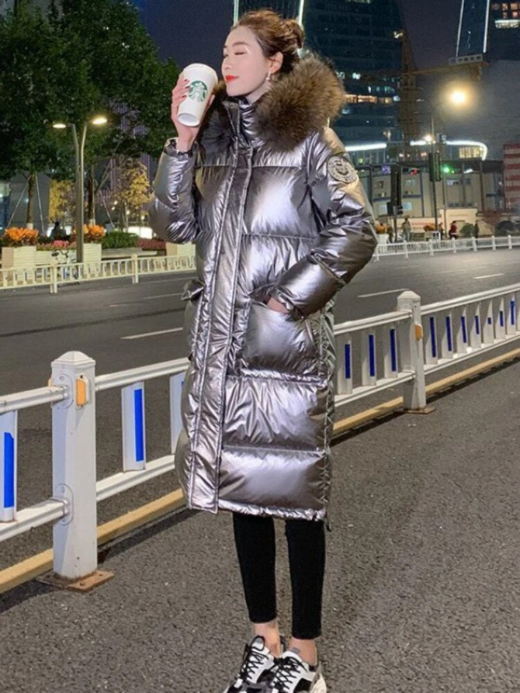Woman Winter Parkas New Glossy Wash Free Down Cotton Jacket Below The Knees Long Style Hooded Fur Collar Thicken Women's Coat Silver Gray