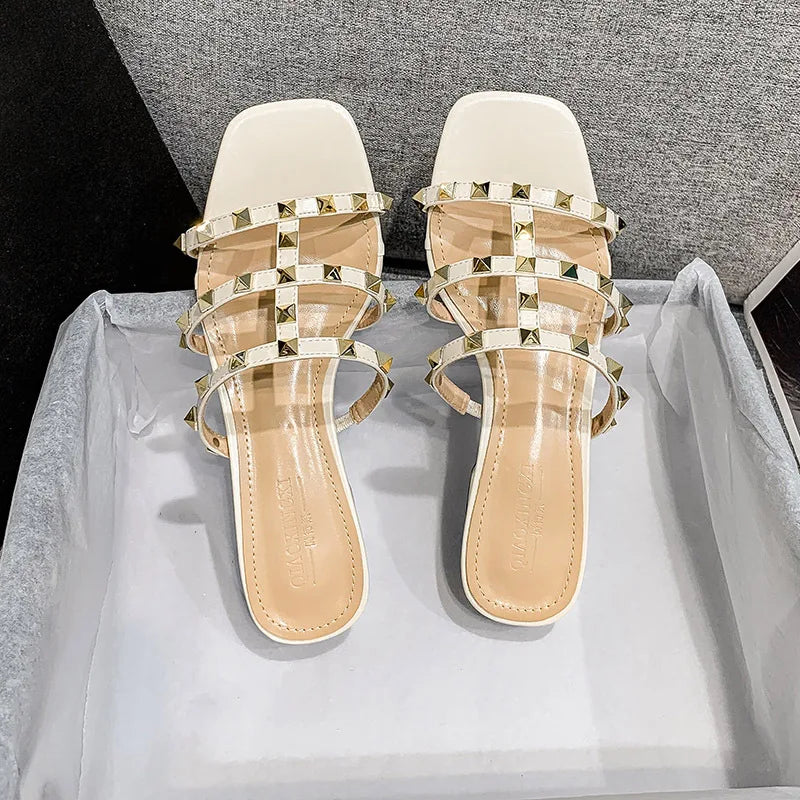 2023 Summer low heel women rivets sandals thin ribbon fashion Korean design girls shoes large size wear slippers free delivery Ivory