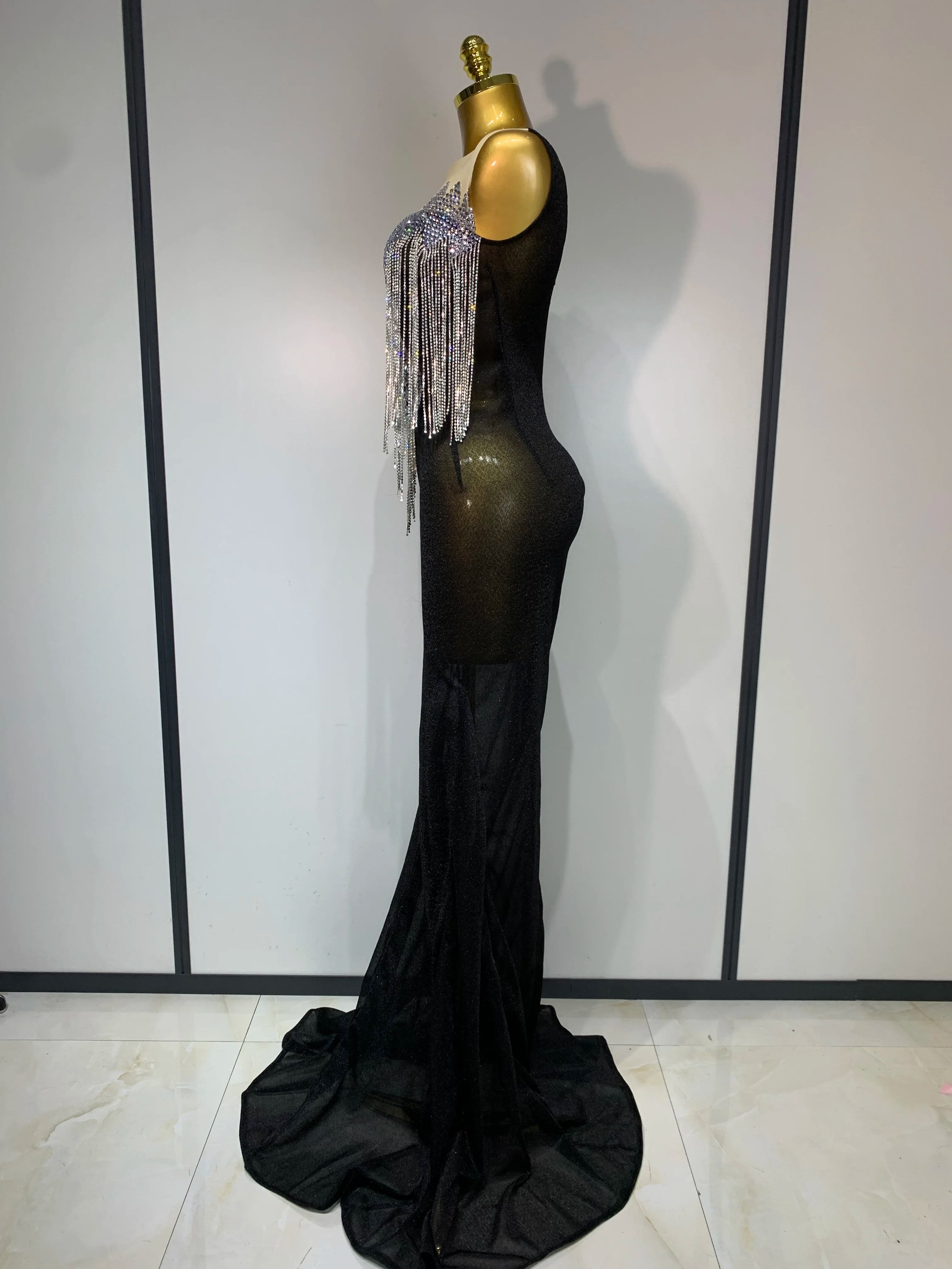 Women Sexy Sparkly Rhinestones chain Celebrity Elegant Maxi Long Dress Luxury Birthday Prom Gowns Stage Show Performance Costume