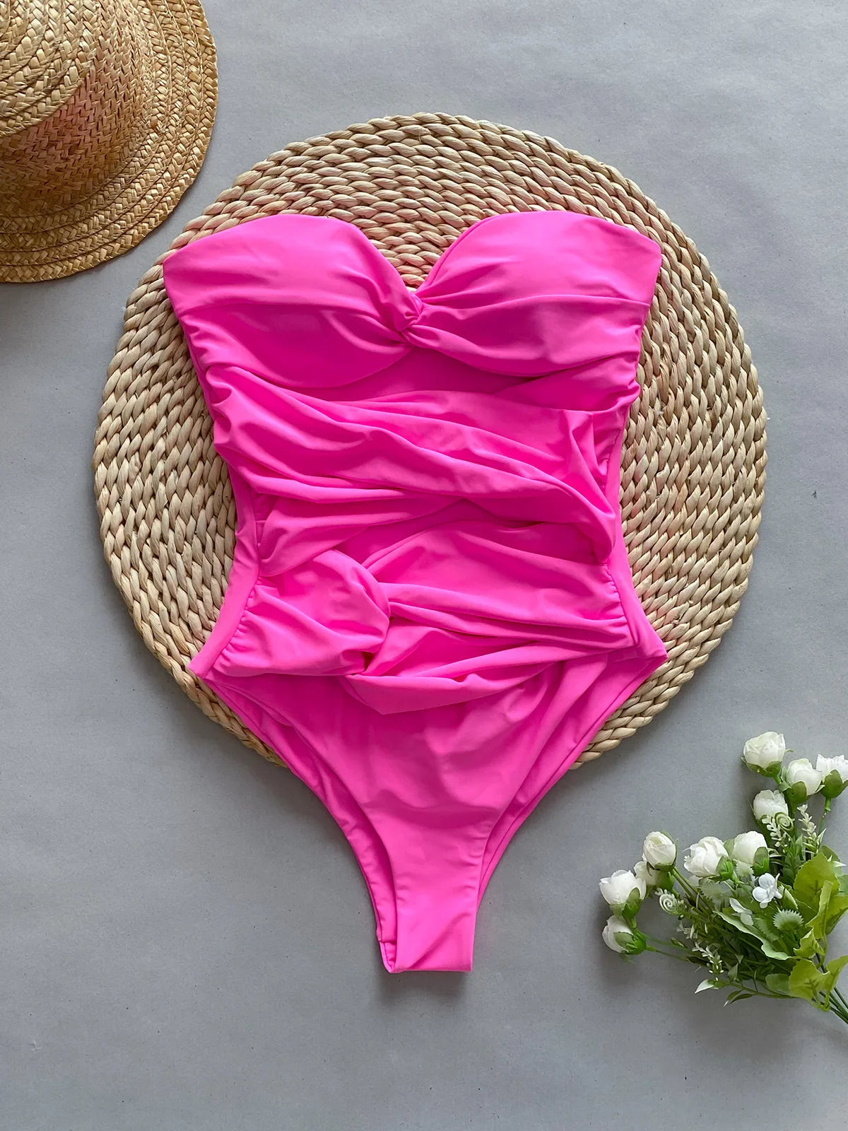 Hollow Out One Piece Swimsuit, Monokini Bodysuit, Lace Up Beachwear, High Waist Swimming Suit, Bandeau Monokini, Summer, 2024 Pink