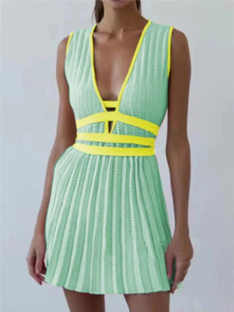 REALEFT Summer Deep V-Neck Knitted Women's Dresses High Waist Lace Up Casual Sleeveless Solid Sexy Mini Dresses Female Ladies Mint One Size