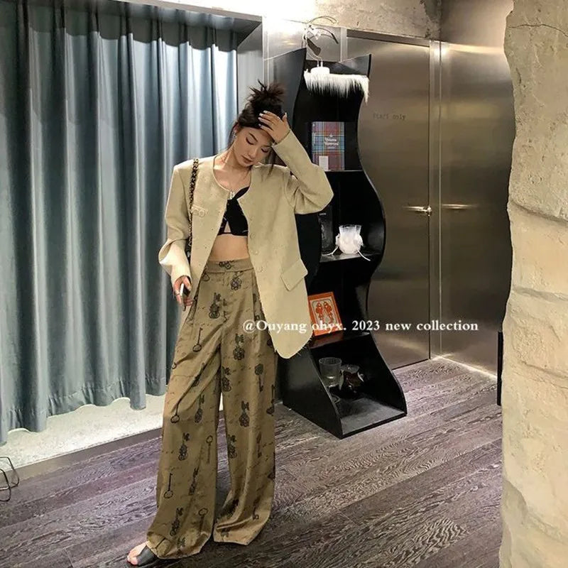 Summer Korean Style Women Vintage Print Ankle-length Pants Casual Loose Button Fly Waist Wide Leg Pants