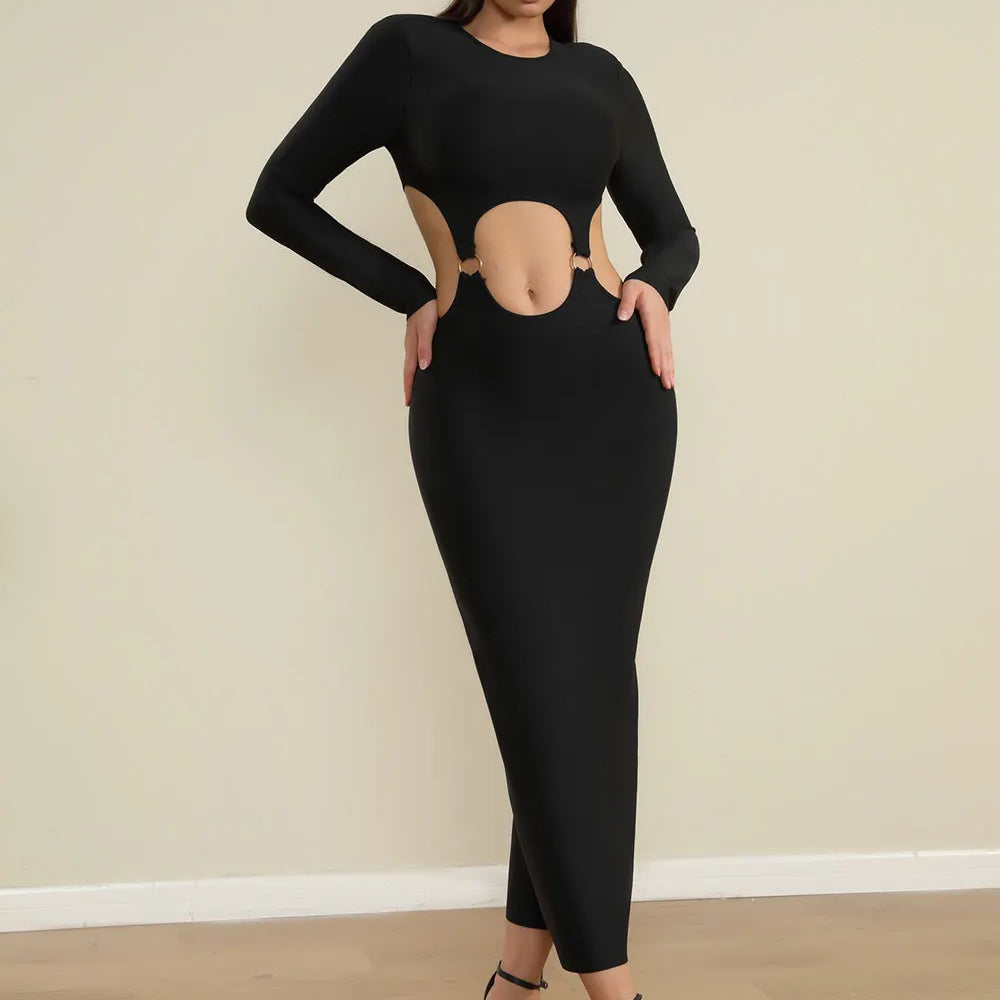 2025 Spring Women's Open Waist Design Black Bandage Dresses O-Neck Long Sleeve Bodycon Long Dress Evening Club Party Vestidos black