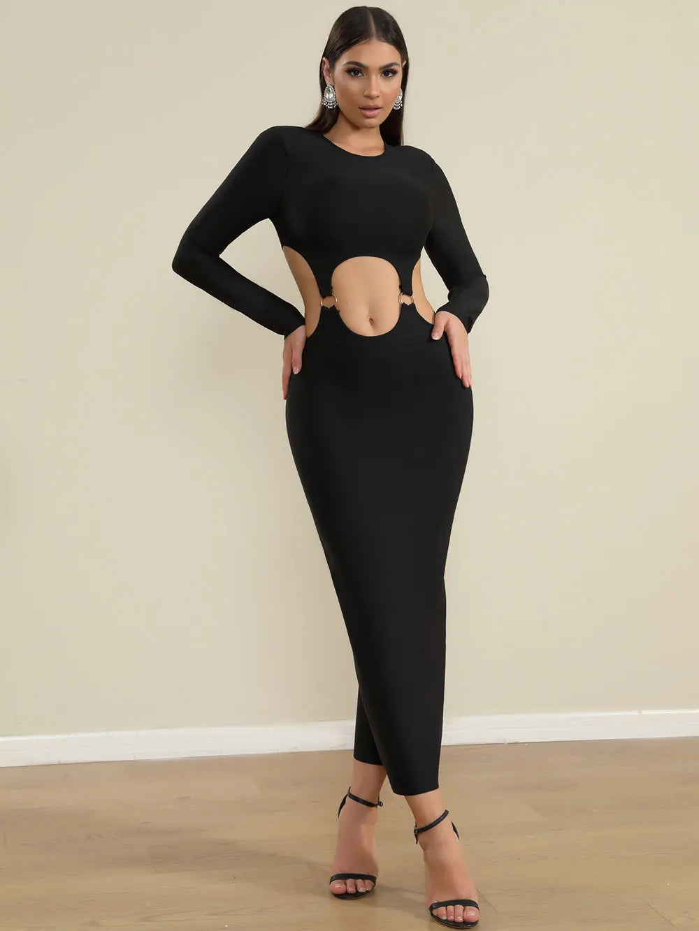 2025 Spring Women's Open Waist Design Black Bandage Dresses O-Neck Long Sleeve Bodycon Long Dress Evening Club Party Vestidos black