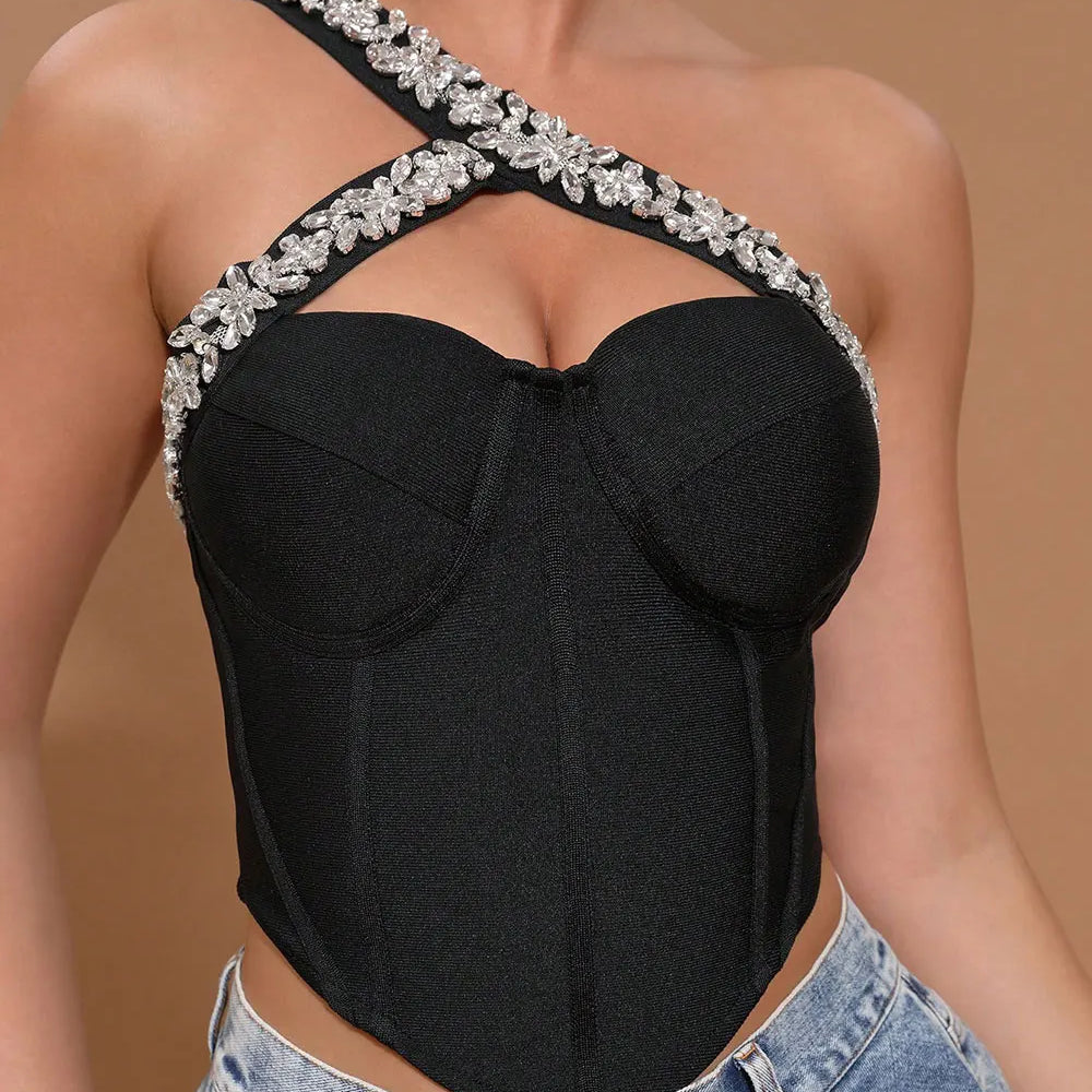 2025 Spring Sexy Women Light Luxury Nail Bead Bandage Tank Top Single Shoulder Sleeveless Hollow Out Back Hoodie Ultra Short Top black