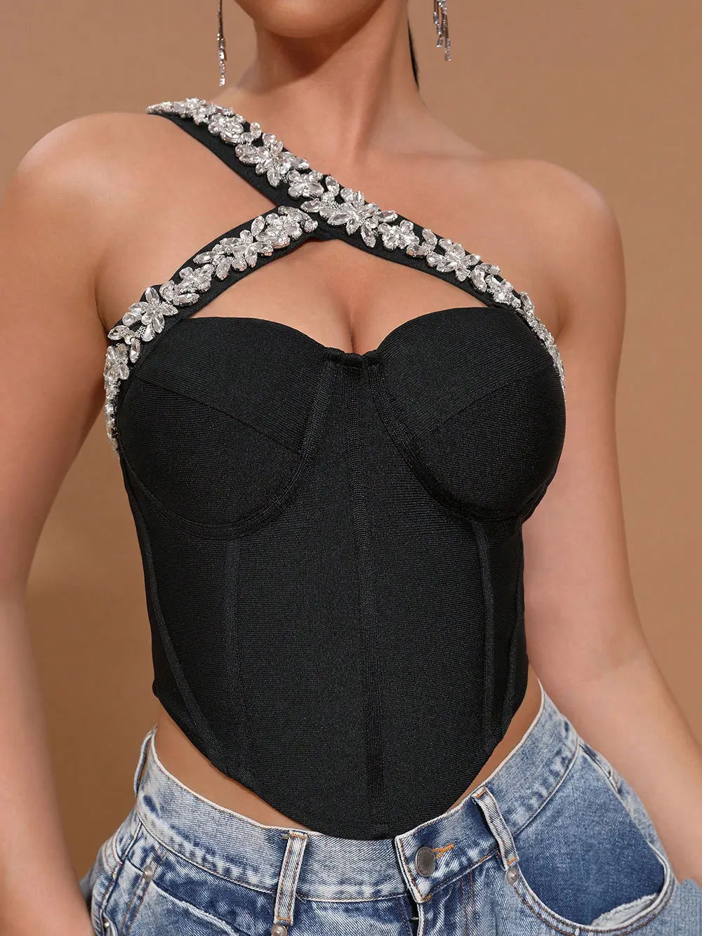 2025 Spring Sexy Women Light Luxury Nail Bead Bandage Tank Top Single Shoulder Sleeveless Hollow Out Back Hoodie Ultra Short Top black