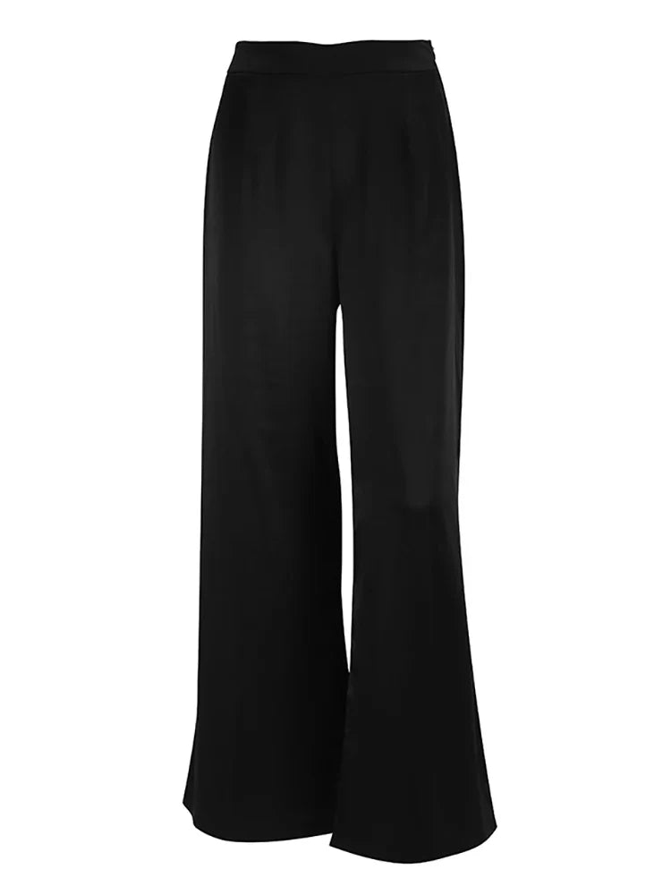Mnealways18 Fashion Classy Women Palazzo Pants High Waist Floor-Length Satin Trousers Spring Summer High Street Baggy Pants Black Pants