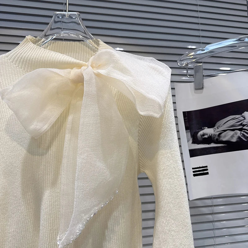 Winter New Fashion Rhinestone Bowknot Elastic Knitted Sweater For Women Slim Fit Versatile Pullover Female 11A07585