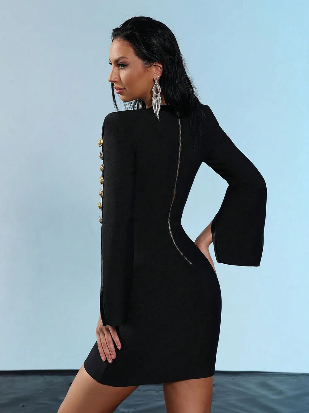 2025 New Women V Neck Bandage Dress Black Sexy Long Sleeve Button Bodycon Club Celebrity Elegant Evening Mini Party Dresses