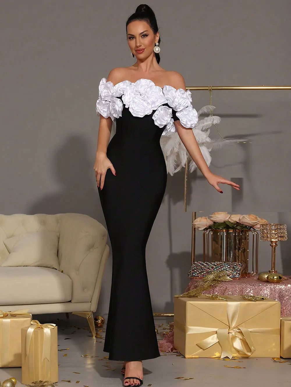 2025 Elegant Women Light Luxury Flower Design Bandage Dress with One Collar Shoulders Bodycon Banquet President's Dress Vestidos