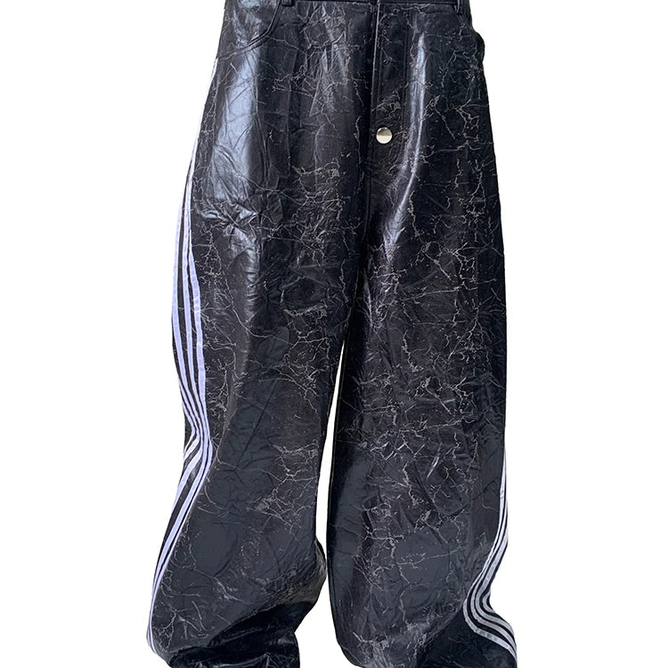 Lautaro Autumn Long Black Faux Leather Wide Leg Pants for Mens with Side Stripes Holes Luxury Emo Streetwear European Fashion Black
