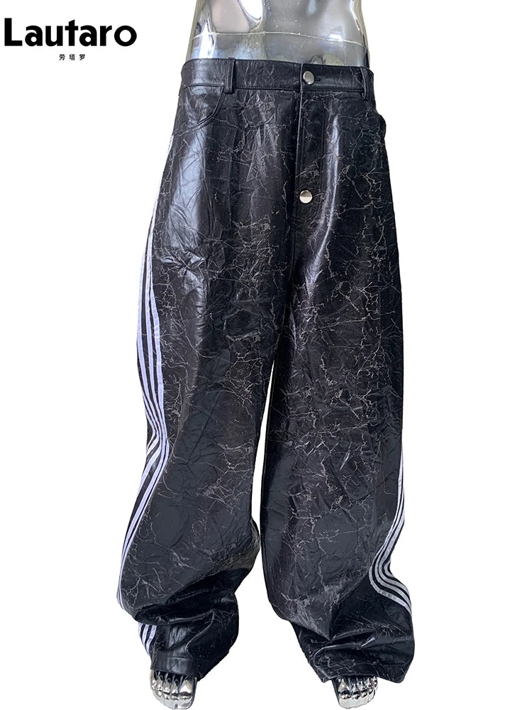 Lautaro Autumn Long Black Faux Leather Wide Leg Pants for Mens with Side Stripes Holes Luxury Emo Streetwear European Fashion Black