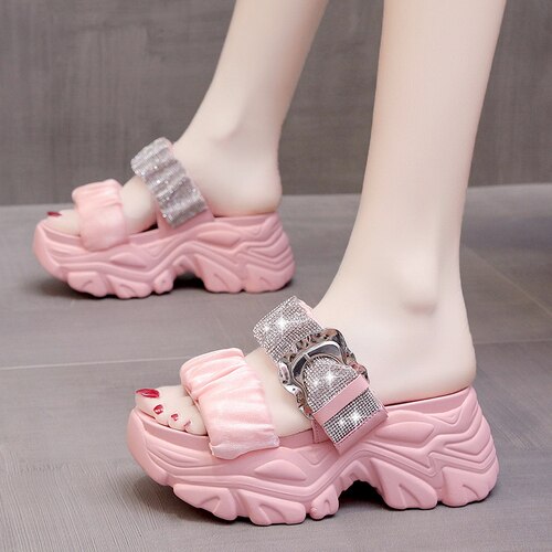 Thick-soled Slippers Women's Summer New Outerwear Fashion Rhinestone Inner Heightening Slimming Slope Heel Sandals and Slippers Pink