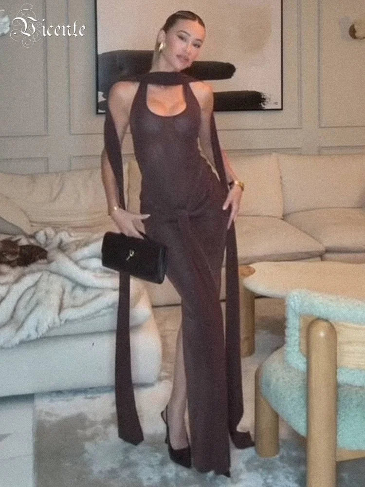 VC Sleek Modern Brown Halter Backless Maxi Dress with Waist Tie Drape Details for Party Evening Gown
