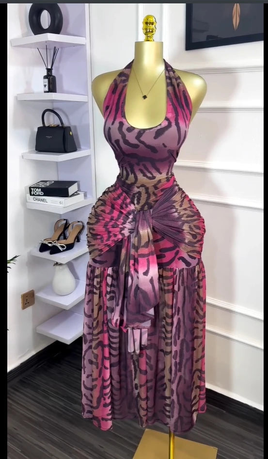 CM.YAYA Women Halter Neck Backless Ruched Stacked Sleeveless Mesh Long Maxi Dress 2025 Birthday Even Sexy Party Dresses Vestidos