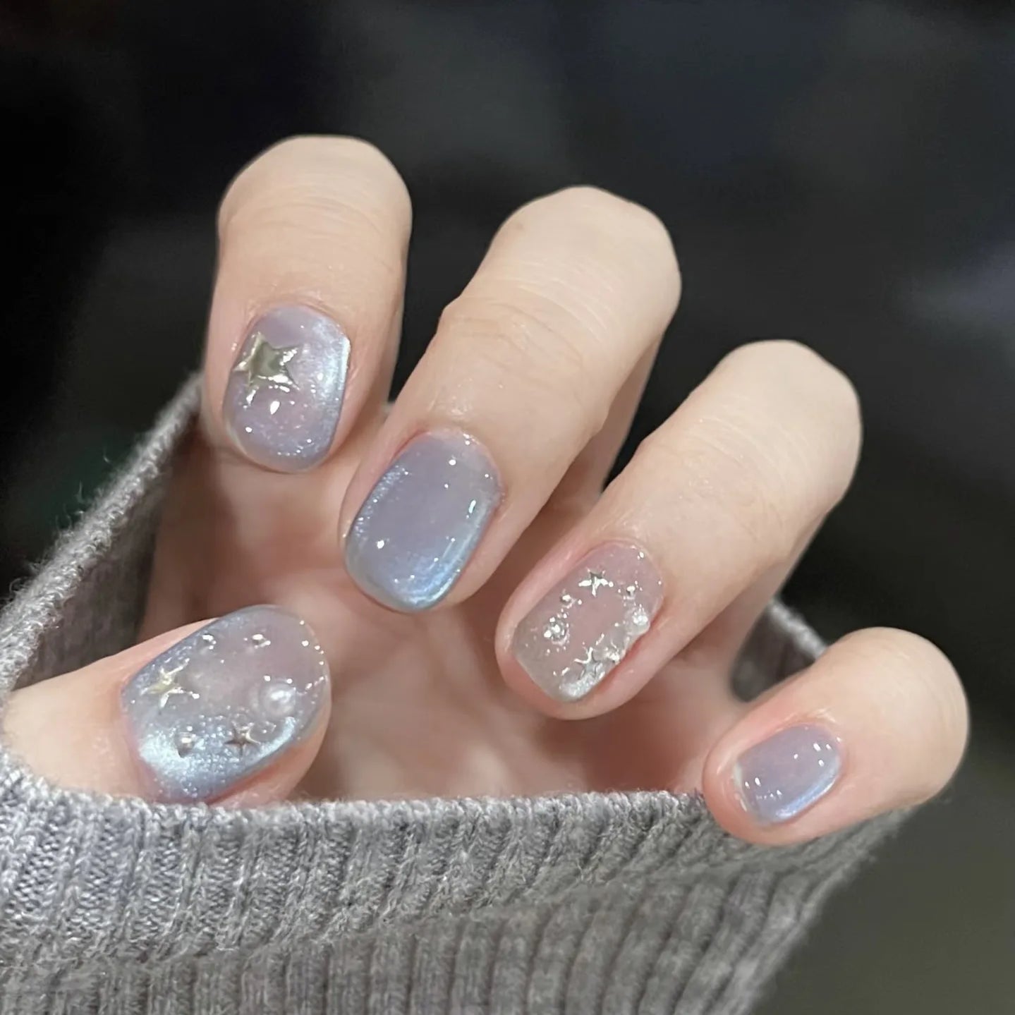 10Pcs Blue Cat Eye Nail Tips Full Cover Silver Stars Sweet Cool Short Handmade Nail Patch Removable False Nails for Spice Girls