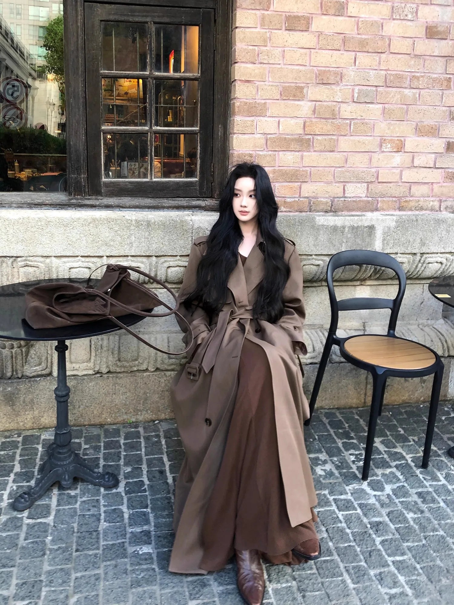 Lautaro Spring Autumn Long Flowy Coffee Trench Coat for Women Belt Double Breasted Loose Casual Overcoat Korean Clothes 2025