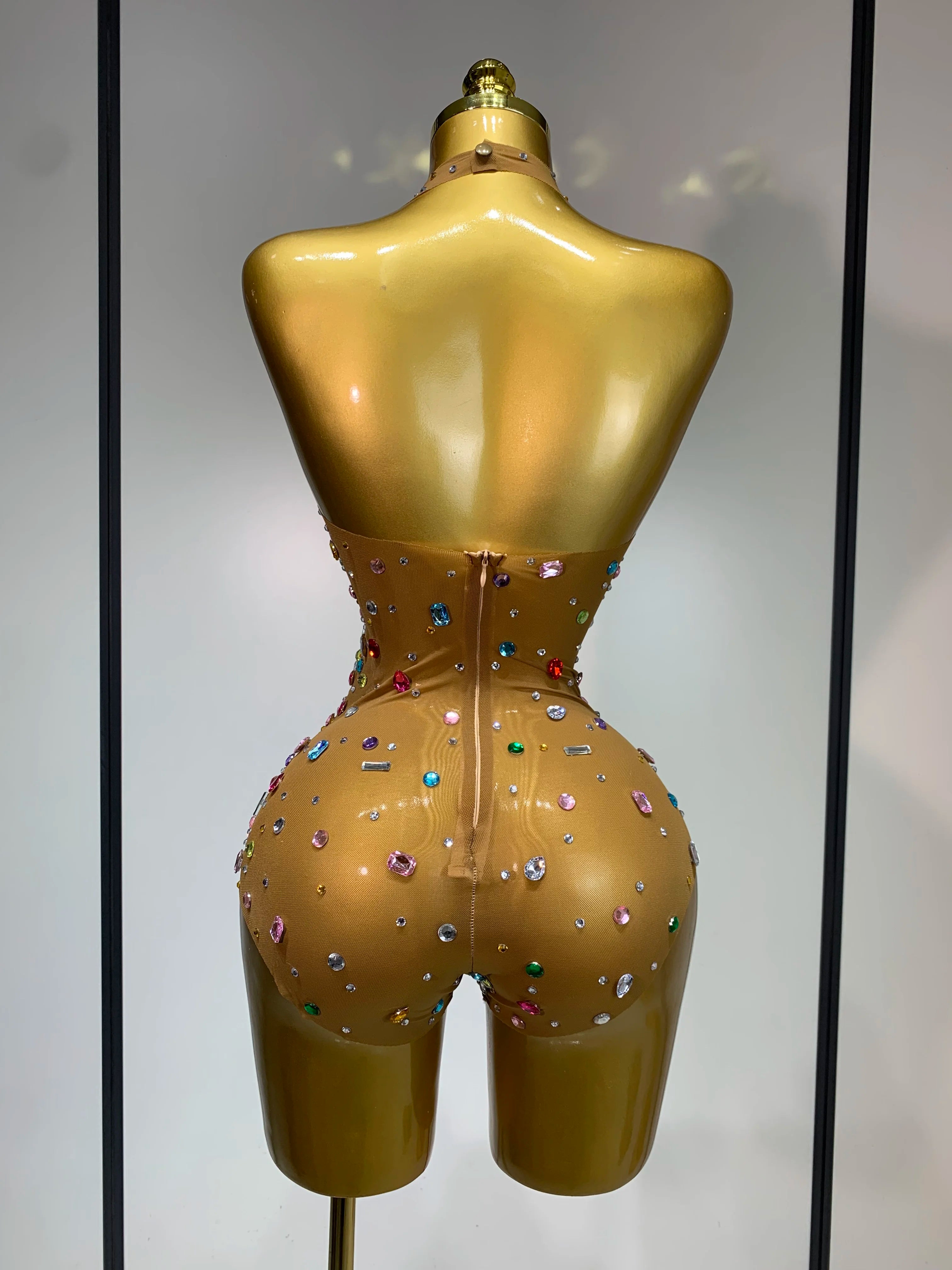 Sparkly Rhinestones Mesh See Through Bodysuit Women Sexy Backless Performance Dance Costume Celebrity Nightclub Stage Outfit