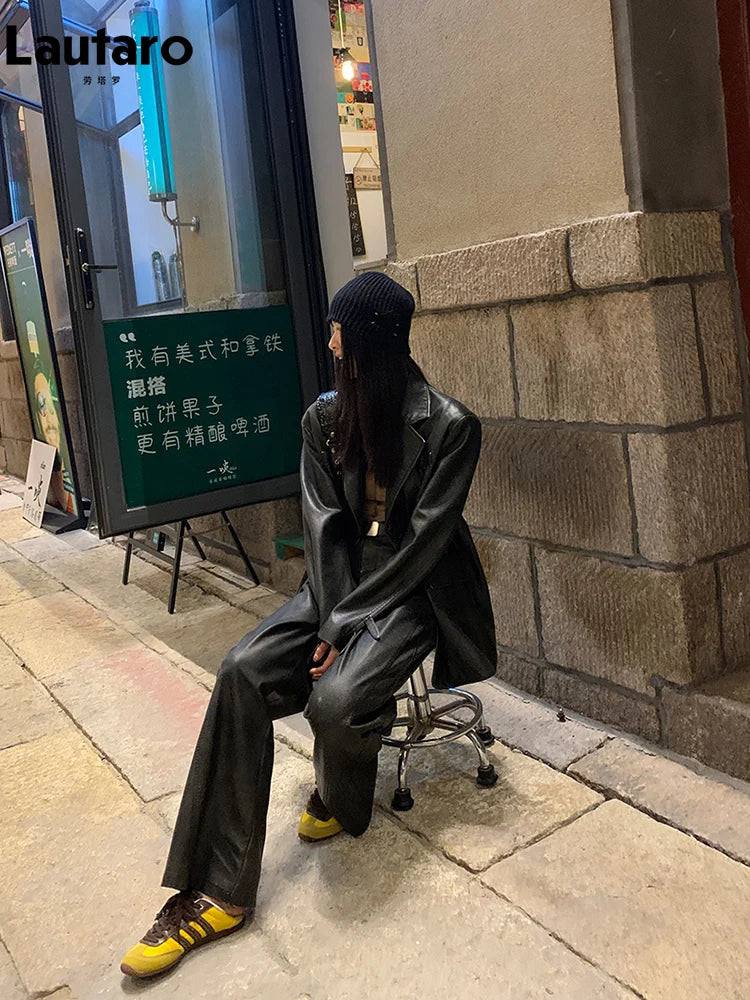 Spring Autumn Cool Retro Soft Distressed Pu Leather Blazer Jacket Women Single Breasted Loose Casual Korean Fashion 2024