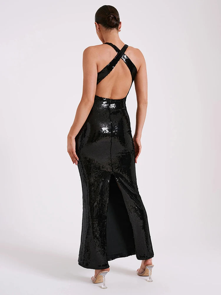 2024 Summer Women'S Dress Black Sequins Tight Sexy V-Neck Sleeveless Backless Catwalk Party Long Gowns With 3D Flower