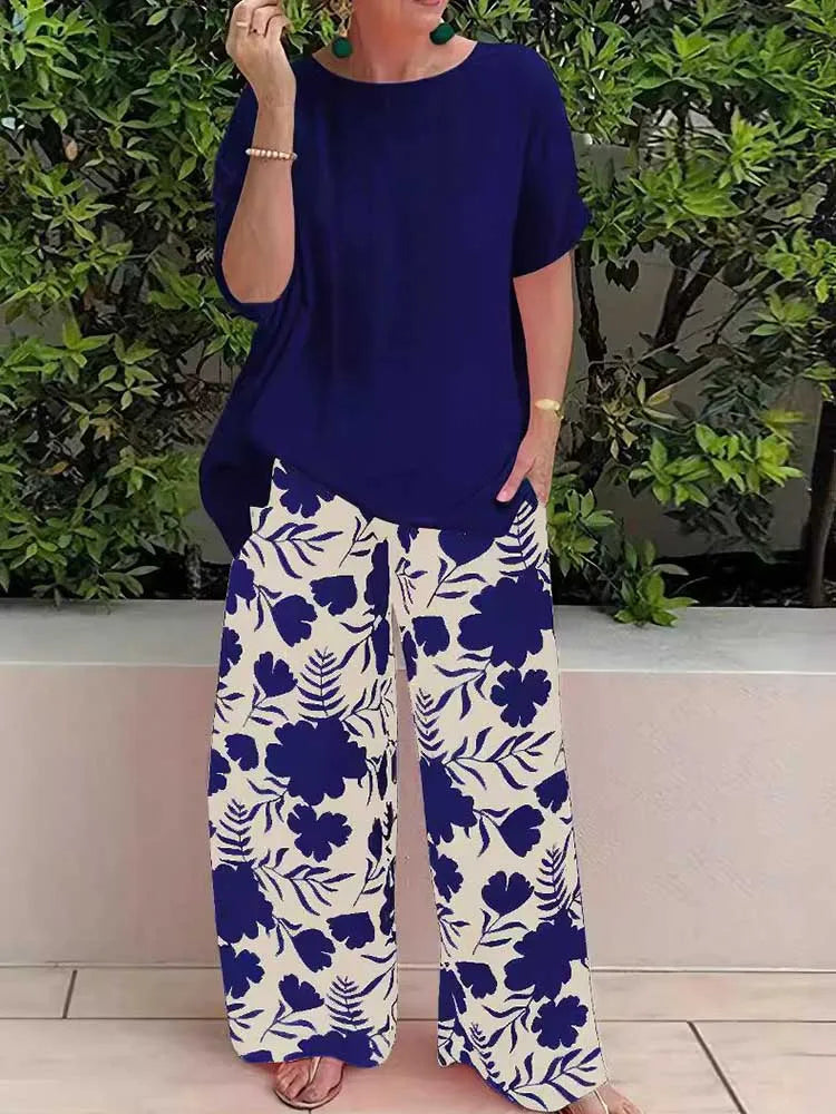 Two Piece Pants Set for Woman Summer Clothing Female Streetwear Casual Loose Tshirt and Print Trouser Plus Size Suit Set