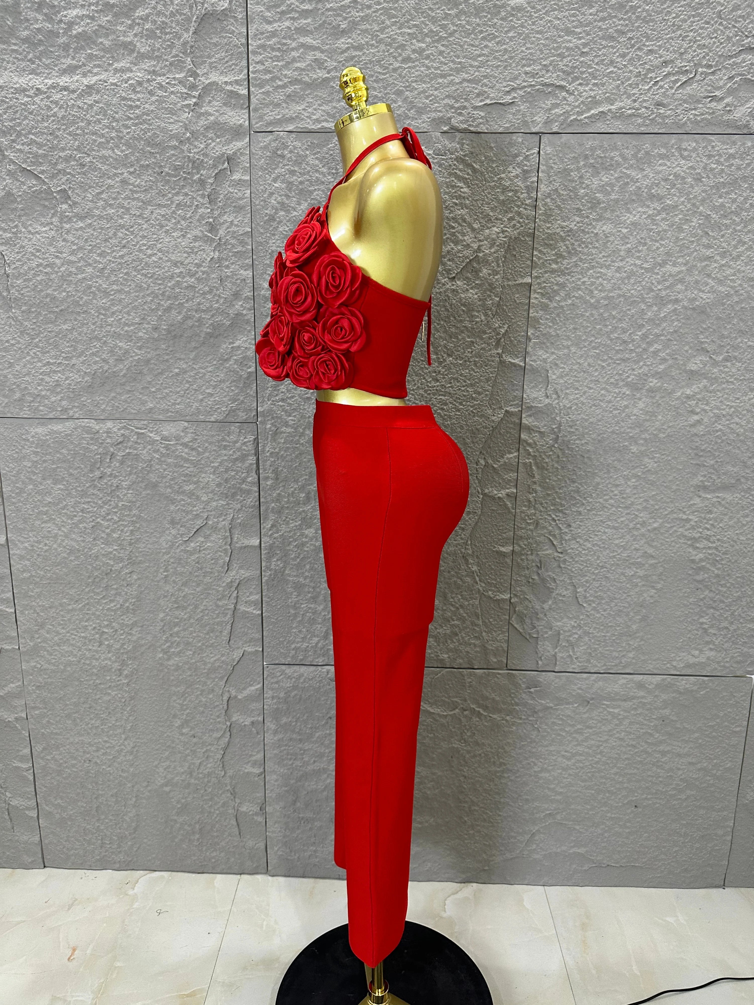 Elegant Two Piece Set Women Halter 3D Flower Crop Top High Waist Flare Pants Bandage Suit Party Casual Formal Wear