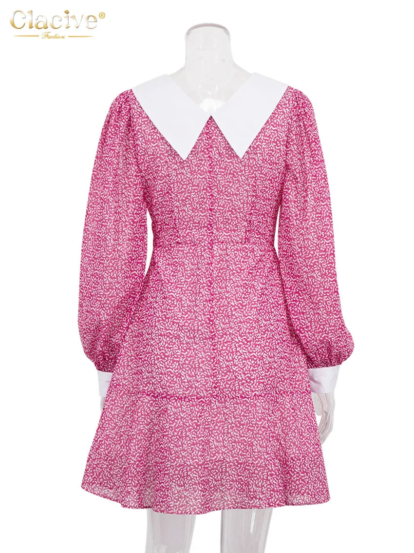 Clacive Fashion Slim Print Women Dress Elegant Lapel Long Sleeve Office Mini Dresses Bodycon Classic Patchwork Female Dress