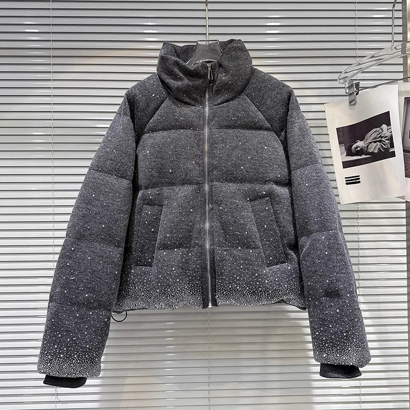 Winter New Trendy Heavy Gradient Rhinestone Stand Collar Zipper Loose Warm Jacket For Women Cotton Coat 11A07646 Dark Gray One Size