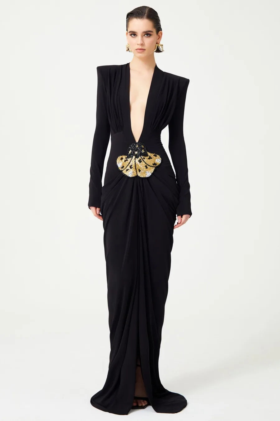 2025 New Beaded Decoration Sexy V-Neck Package Hip Black Floor Length Dress Celebrity Party Dress Woman Cocktail Outfit black