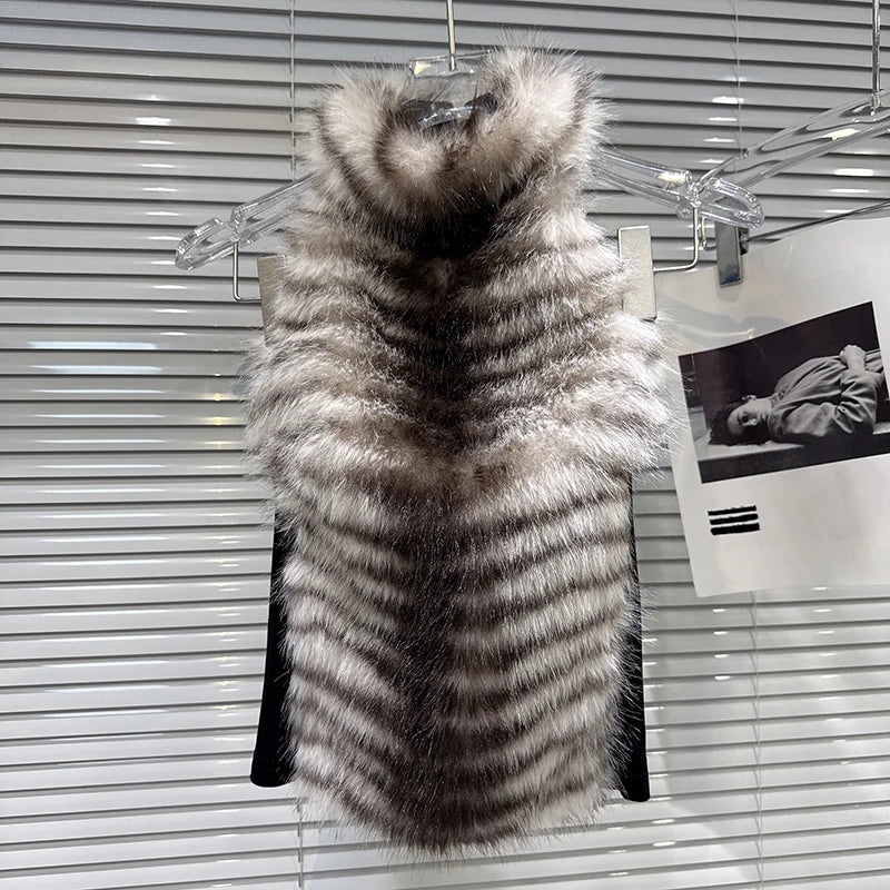 Winter New Fashion Gradient Faux Fur Patchwork Backless Halter Top For Women Outwear Vest Female Trend 11A07670 Black One Size