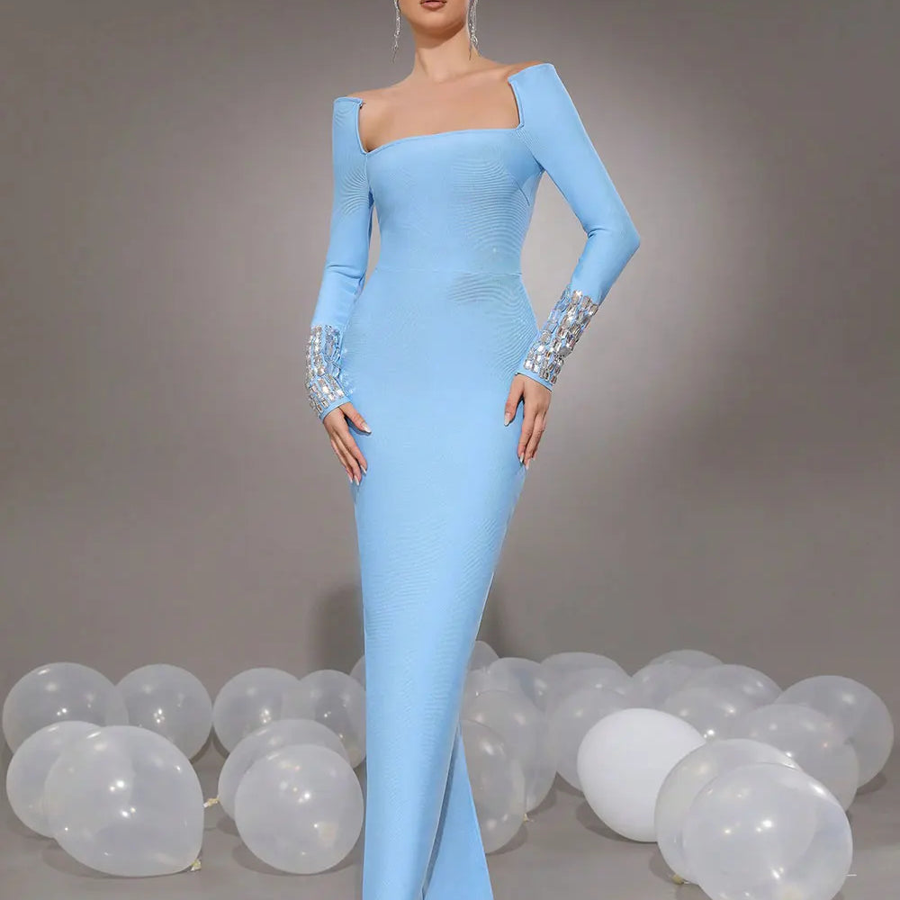 2025 New Women'S Elegant Bandage Dresses Square Neck Long Sleeved Nail Bead Design Bodycon Long Dress Evening Party Vestidos