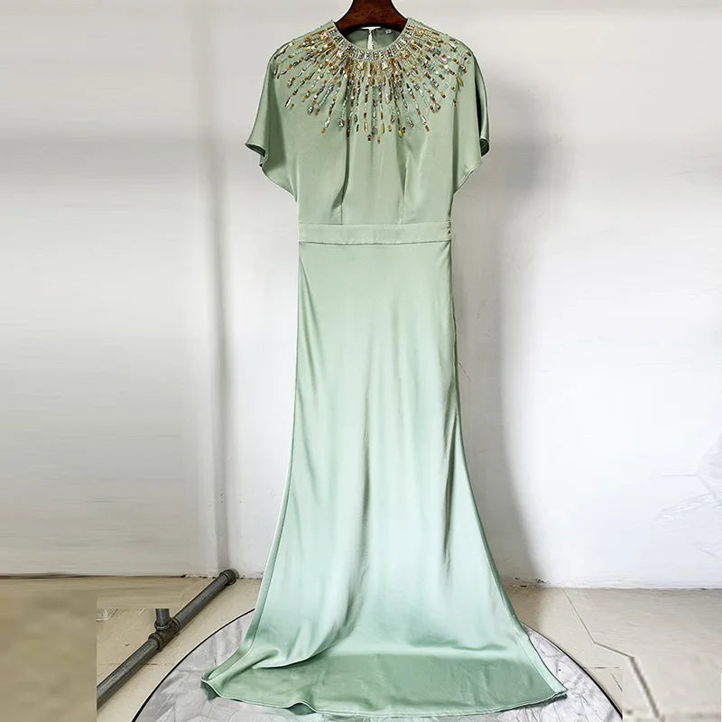 Solid Slimming Spliced Bead Luxurious Dresses for Women Round Neck Short Sleeves Tunic Elegant Dress Female Fashion GREEN
