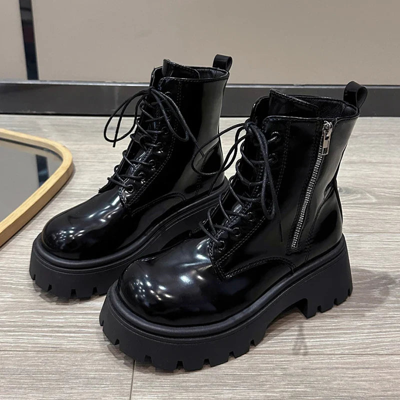 Chunky Platform Women's Ankle Boots Autumn Black Patent Leather Motorcycle Boots Woman Gothic Thick Bottom Combat Booties