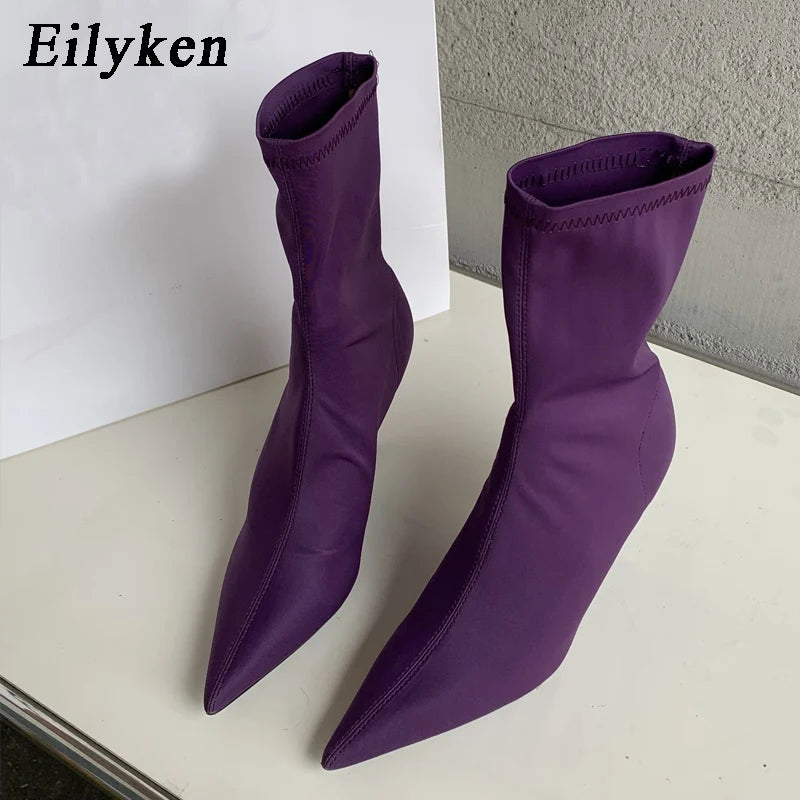 Eilyken 2025 New Spring Autumn Stretch Fabric Women Ankle Boots Sexy Pointed Toe High Heels Fashion Female Socks Pumps Shoes