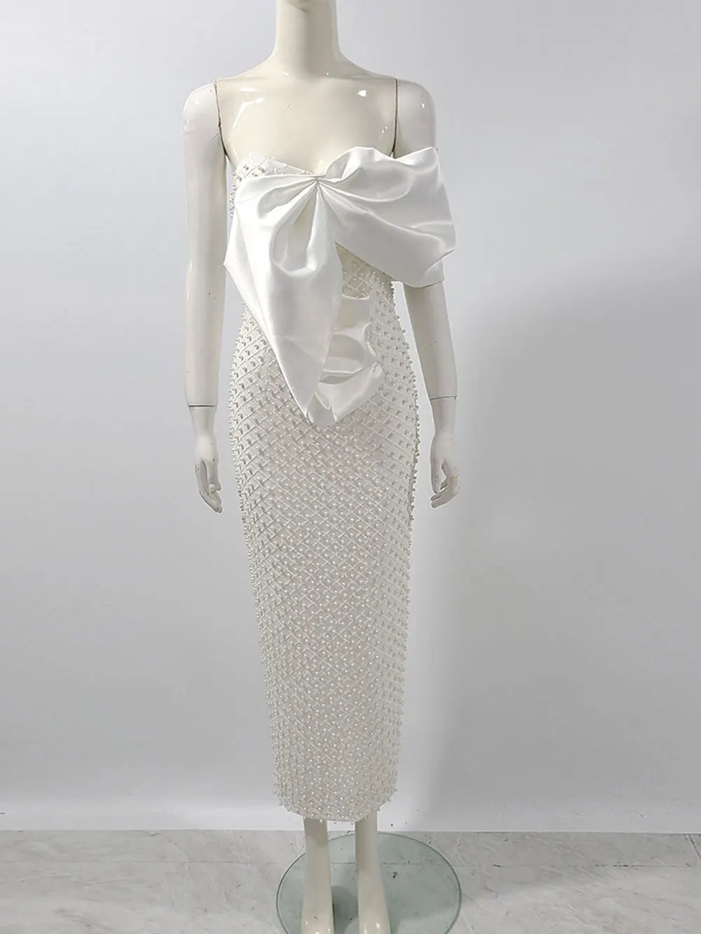 2024 Sexy Women's Heavy Industry Nail Bead Dress Shoulder Collar Bodycon Backless Midi Dress Cocktail Evening Party Vestidos WHITE